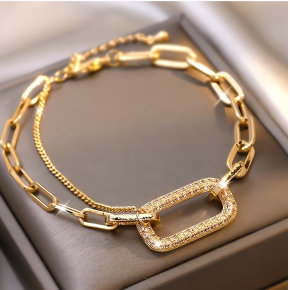 Gold Chunky Chainlink Layered Hollow Rectangle Bracelet